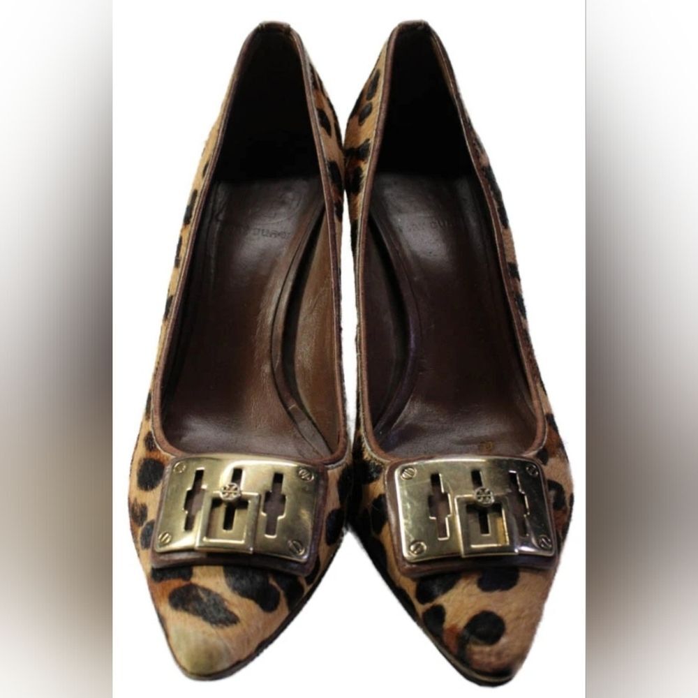 Tory Burch Designer Celina Leopard Animal Print Heels Pump Gold Logo 7 - Picture 6 of 11